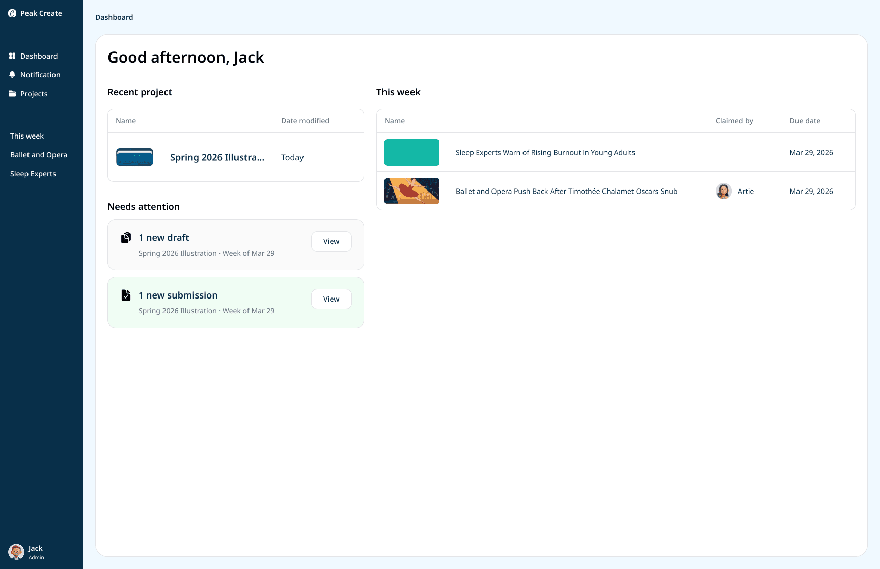 The Peak runs one illustration folder per semester, three per year. The navigation only needs three items: dashboard, projects, notifications.