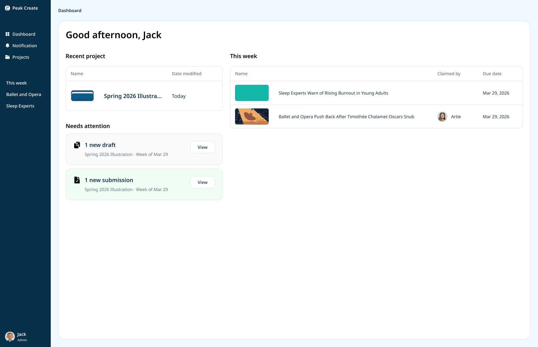 The Peak runs one illustration folder per semester, three per year. The navigation only needs three items: dashboard, projects, notifications.