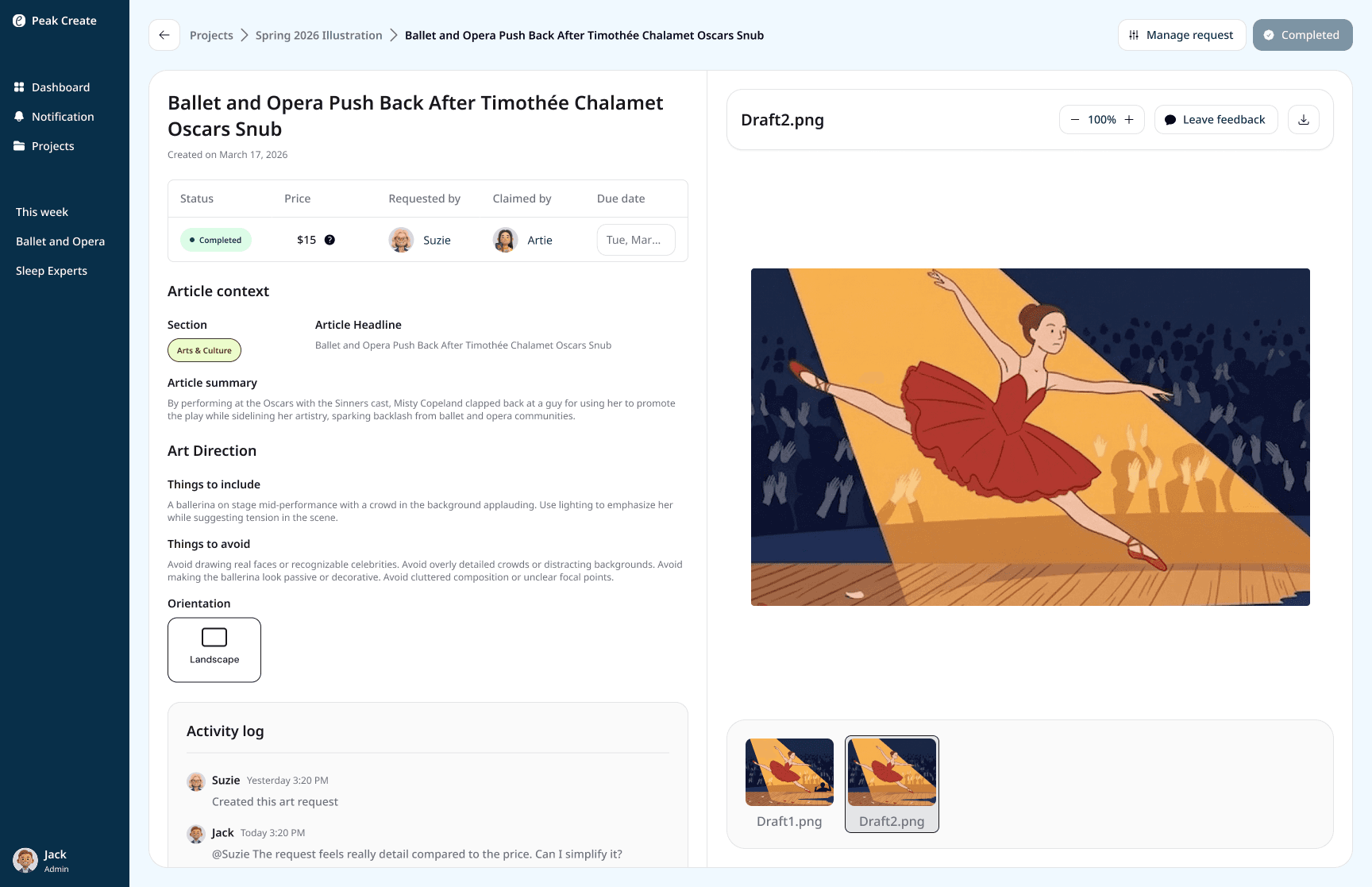 The artwork gets the most space. The brief sits alongside it so Jack can review and leave feedback without extra clicks.