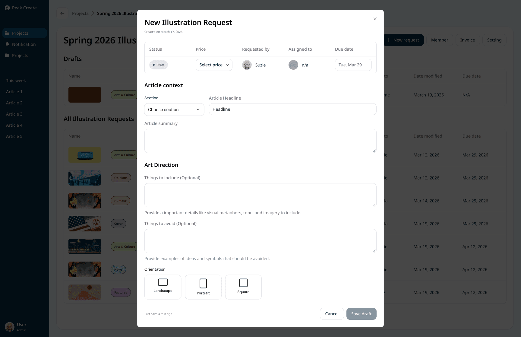 The structured form replaces the free-text spreadsheet cell. Section, pricing, article content, and art direction all in one place.