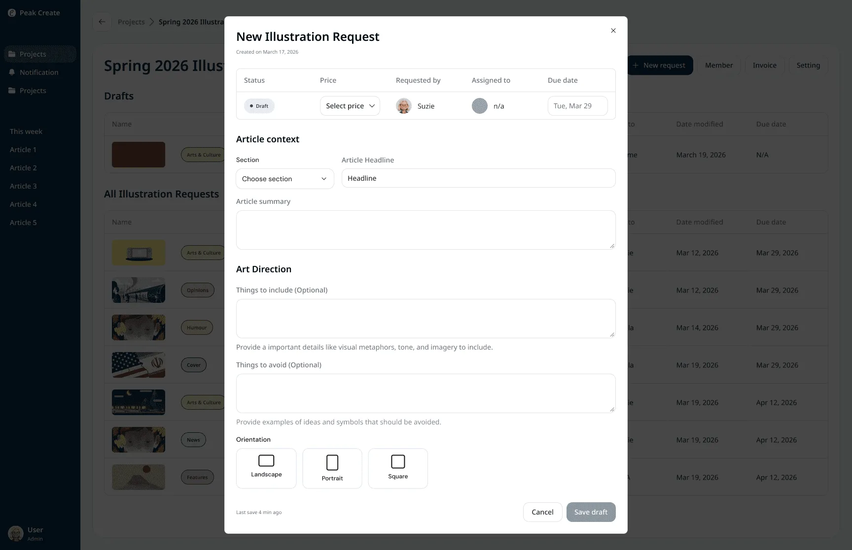 The structured form replaces the free-text spreadsheet cell. Section, pricing, article content, and art direction all in one place.